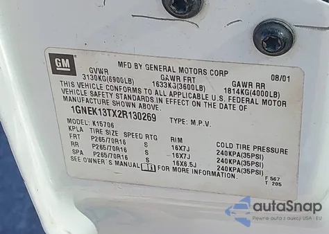 2002 Chevrolet Tahoe Lt из США, поврежденный, VIN 1GNEK13TX2R130269